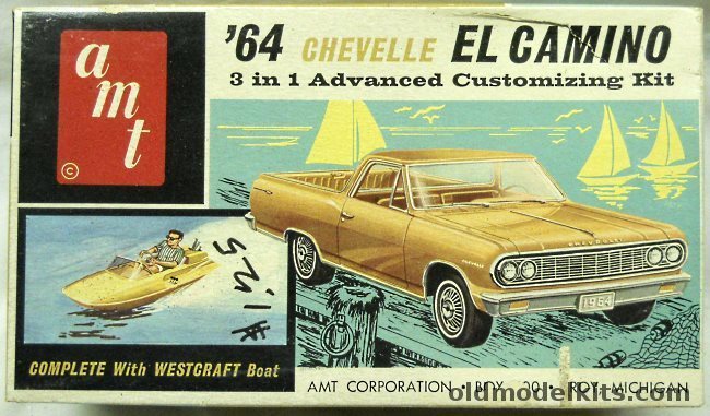 AMT 1/25 1964 Chevrolet Chevelle El Camino 3 In 1 Advanced Customizing Kit With Westcraft Boat - Stock / Custom / Racing, 8734-200 plastic model kit